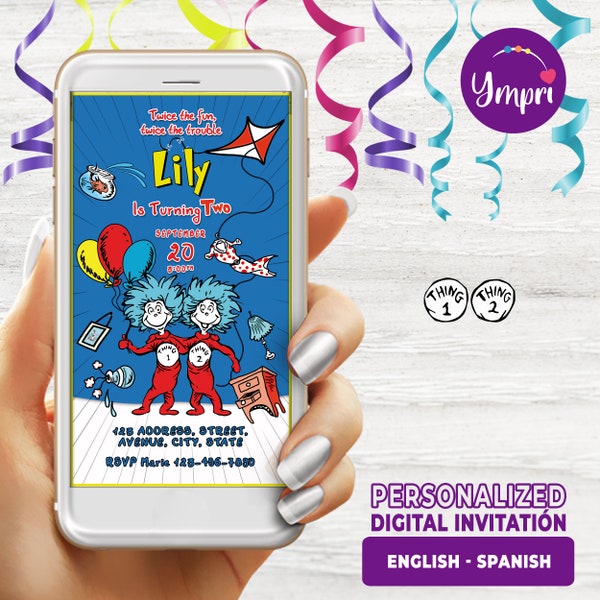 Thing 1 and Thing 2 The Birthday digital invitation, perfect to send by WhatsApp, Thing 1 and Thing 2, Dr Seuss, 1080 x 1920