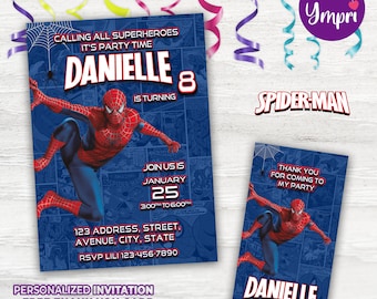 May include: A Spider-Man themed birthday party invitation and thank you card set. The invitation features Spider-Man, the name "Danielle", and party details on a blue comic book background. Includes the text "Calling all superheroes".