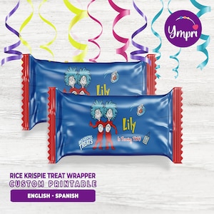 May include: Two blue and red Rice Krispies treat wrappers with a cartoon image of Thing 1 and Thing 2 from the book "The Cat in the Hat". The wrappers are personalized with the name "Lily" and the text "is turning two".