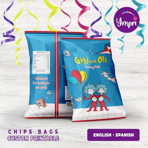Custom Printable Chip Bag Labels from Thing 1 Thing 2. Thing 1 Thing 2 party decor. Printable digital file. For Boy and Girl Kids Party.