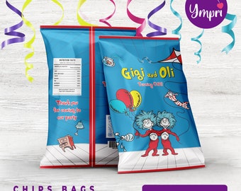 Custom Printable Chip Bag Labels from Thing 1 Thing 2. Thing 1 Thing 2 party decor. Printable digital file. For Boy and Girl Kids Party.