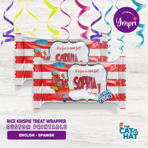 May include: Printable Rice Krispies treat wrapper featuring the Cat in the Hat and the text "It's fun to have fun! Sophia 1 Turning". The wrapper is red and white striped with a cartoon image of the Cat in the Hat flying a plane.