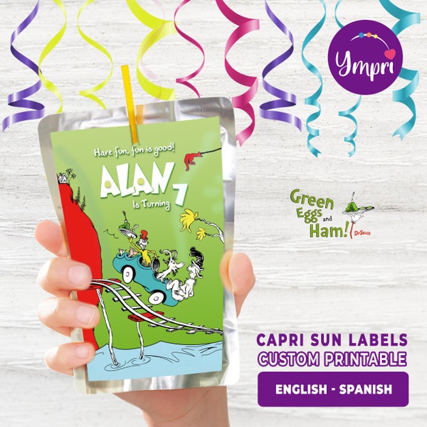 Green Eggs and Ham Custom Printable Capri Sun Juice Labels. Green Eggs and Ham party decoration. Printable digital file