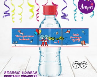 Thing 1 and Thing 2 custom printable water bottle labels. Thing 1 and Thing 2 party decorations. Printable digital file.