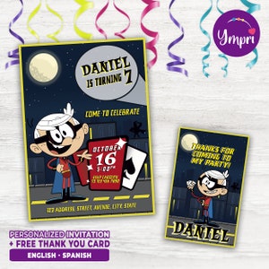 May include: A personalised invitation for a birthday party with a superhero theme. The invitation features a cartoon character wearing a red and blue costume and a black mask. The text on the invitation reads "Daniel is turning 7" and "Come to Celebrate". The invitation also includes a date, time, and RSVP information. A thank you card with the same character is included. The text on the thank you card reads "Thanks for coming to my party!" and "Daniel".