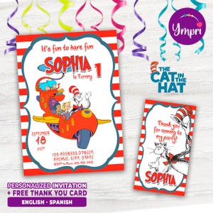 Invitation imprimable personnalisée pour l’anniversaire Le chat dans le chapeau, Dr Seuss, Le chat dans le chapeau imprimable, carte personnalisée