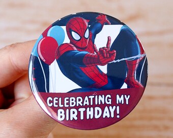 PERSONALISED SPIDERMAN MARVEL INSPIRED BIRTHDAY BADGES LARGE 58MM PERSONALISED SPIDERMAN MARVEL INSPIRED BIRTHDAY BADGES LARGE 58MM