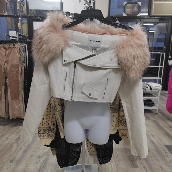 Pink faux fur, white faux leather Fashion crop Jacket