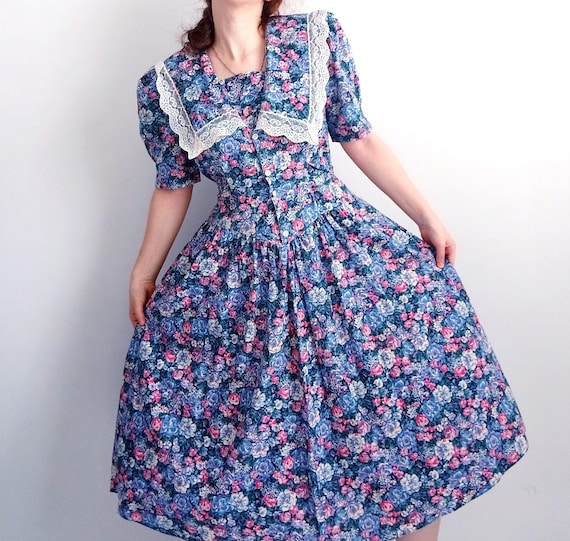 Beautiful 1980 dress with collar size m l cottage… - image 1