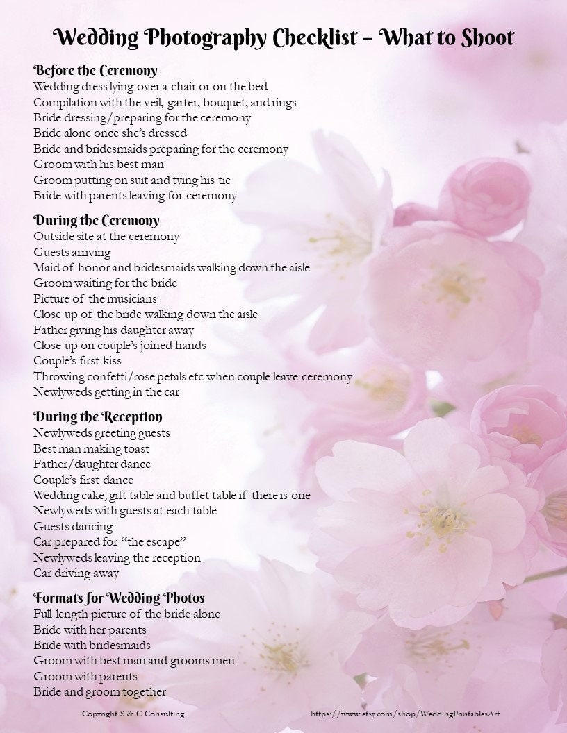 printable wedding planning diy wedding photography checklist etsy