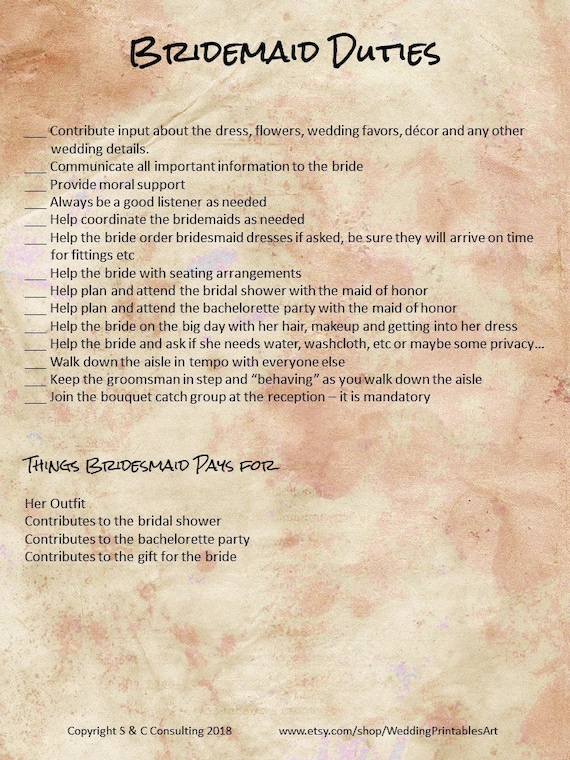 Printable Wedding Planning Diy Bride S Maid Duties Etsy