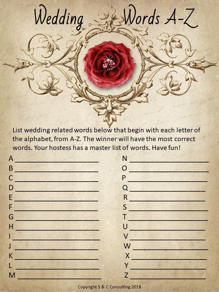 Bridal Shower Game Printables Wedding Words A Z Game Card | Etsy