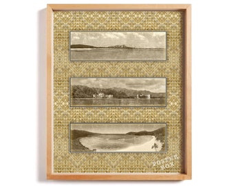 May include: A framed wall art piece featuring three horizontal sepia-toned landscape photographs set against a gold-colored woven matting pattern. The wooden frame surrounds the images, and the text POSTER BOX is visible in the bottom right corner.