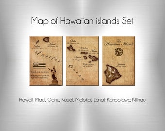 May include: Set of three vintage-style maps of the Hawaiian Islands. Each map features a different island, including Oahu, Kauai, and Hawaii. The maps are printed on a textured paper with a brown background and include the names of the islands and surrounding waters.