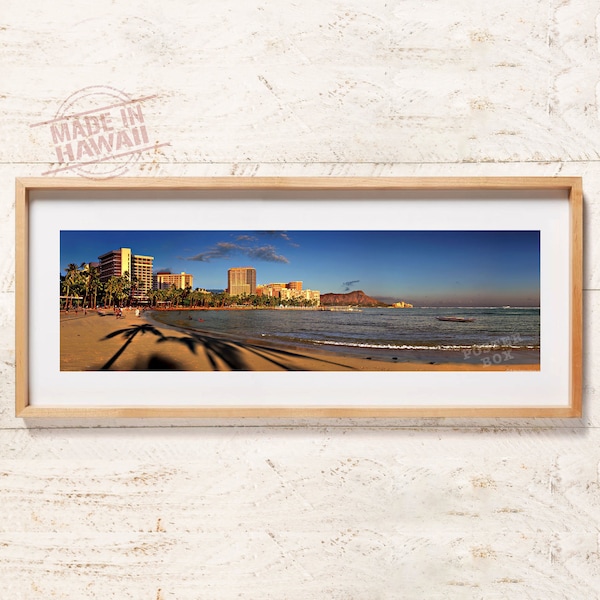 Waikiki Sunset - 40” x 12” Panoramic Poster Print, Waikiki Hotels, Diamond Head, Ocean Landscape, Panoramic Photo, Beach Print, Ocean Print