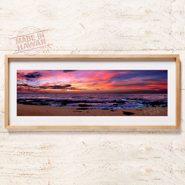 Hawaii Sunrise - 40” x 12” Panoramic Poster Print, Vibrant Red Sunrise East Oahu, Wawamalu Beach Park Sandy Beach, Molokai and Lanai.