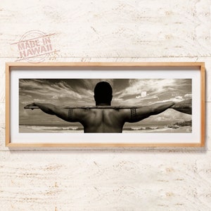 Hawaiian Paddler - 40” x 12” Panoramic Poster Print. Hawaii, Sepia, Photography, Hawaiian decor, Tribal Tattoo, Koa Paddle, Beach Decor,