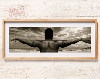 Hawaiian Paddler - 40” x 12” Panoramic Poster Print. Hawaii, Sepia, Photography, Hawaiian decor, Tribal Tattoo, Koa Paddle, Beach Decor,