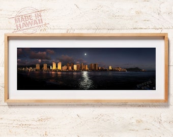Waikiki Moonrise - 40” x 12” Panoramic Poster Print, Night Skyline, Waikiki, Moon, Honolulu, Diamond Head, Sheraton Hotel, Oahu, Hawaii