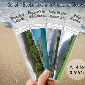 Koolau Mountain, Kaneohe Bay - Set of 4 Bookmarks with Sleeves - Waterfalls Koolau Mt, Kualoa Mt. Chinaman&#39;s Hat, Oahu Hawaii