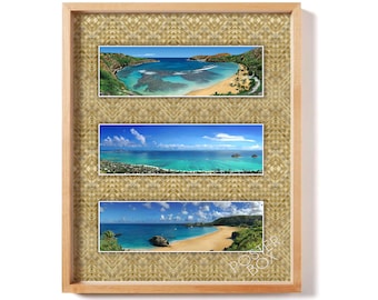 Popular locations on Oahu Hawaii Photo Collage 16x20 with printed Lauhala look. Hanauma Bay. Kailua Beach & Lanikai, Waimea Bay North Shore