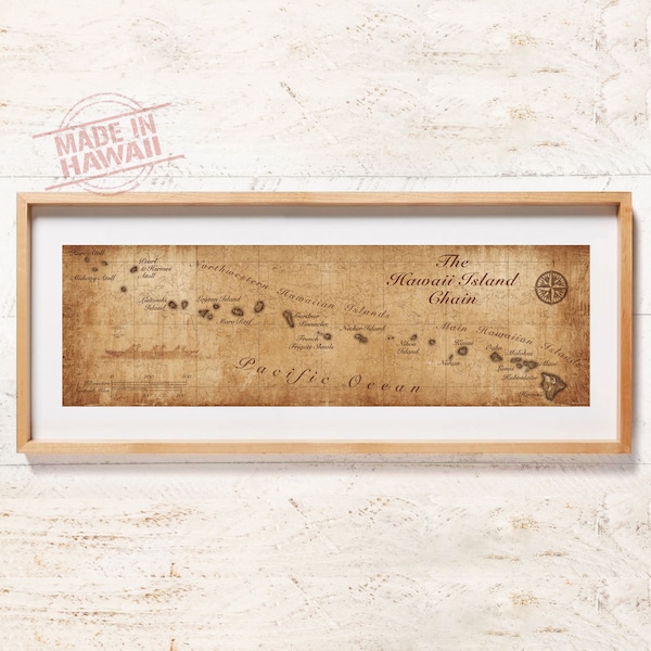 Map of Hawaiian Island Chain - 40” x 12” Panoramic Poster Print, Vintaged Inspired, Sepia, Paddlers, Midway Atoll, Entire Hawaiian islands