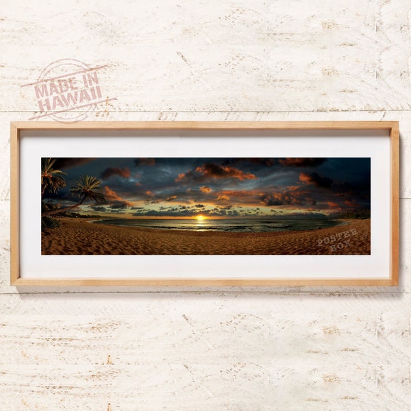 Sunset Beach Sunset - 40” x 12” Panoramic Poster Print, North Shore, Oahu Hawaii, Ocean Print, Beach Landscape, Beach Decor, Nature Print,