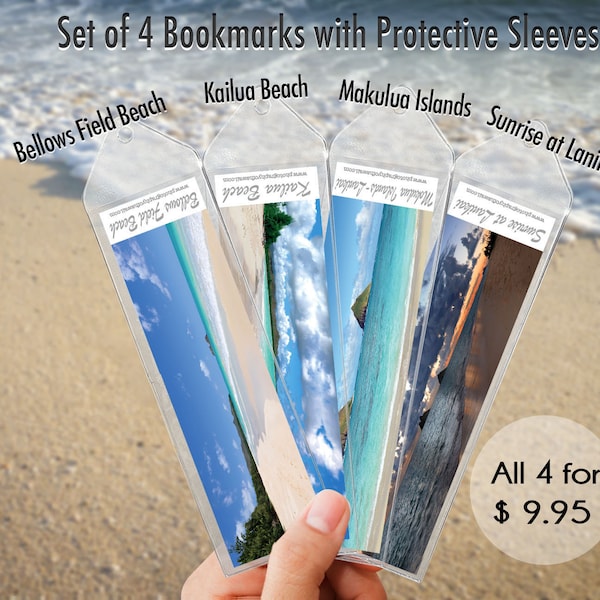 Windward Oahu Set of 4 Bookmarks with Sleeves - Bellows Field Beach, Kailua Beach, Mokulua Islands, Sunrise at Lanikai, Hawaii