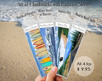 Winter North Shore Oahu - Set of 4 Bookmarks with Sleeves - Boards of Paradise, Waves at Waimea Bay, Road to North Shore.