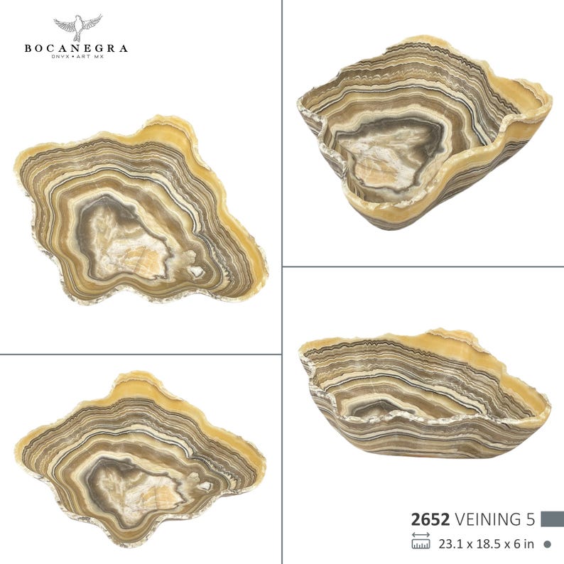 May include: Four images of decorative onyx bowls with a layered, natural stone appearance. The bowls have a wavy, organic shape with a mix of beige, brown, and yellow tones. The text "2652 VEINING 5" and measurements of 23.1 x 18.5 x 6 in are visible.