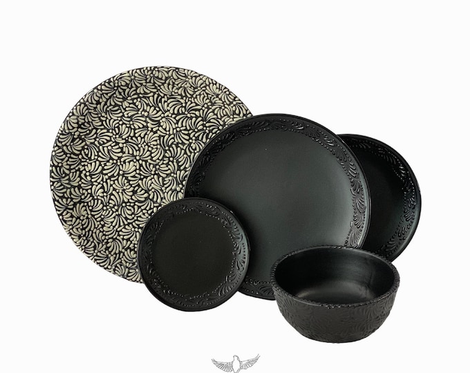 Talavera Dinnerware Personal Set, Black Tableware Set, Housewarming