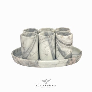 Tequila Shooter 7 piece Set, White Marble with gray Ray Shots, Luxury Tequila shot, Barware, Handmade marble shots