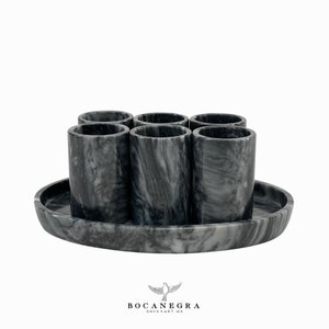 Tequila Shooter 7 piece Set, Gray Marble with white Ray Shots, Luxury Tequila shot, Barware, Handmade marble shots