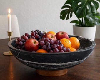 Large Black Marble Fruit Bowl – Stone Centerpiece Bowl – Coffee Table Decor – Handmade Marble Bowl – Luxury Kitchen Decor