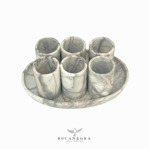 Tequila Shooter 7 piece Set, White Marble with gray Ray Shots, Luxury Tequila shot, Barware, Handmade marble shots