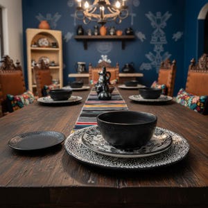 May include: A dining table set with black bowls and patterned plates. The table is made of dark wood and has a colourful table runner. The chairs have brown leather seats and floral cushions. The room has a chandelier.