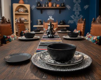 Talavera dinnerware personal set, black tableware set, housewarming gift, Talavera dish, dinning essential