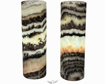 Brown Beige Onyx Stone Lamp Set: Cylinder Nightstand Decor Lighting