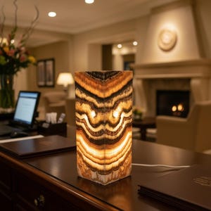 Rectangular Brown Onyx Stone Lamp: Meditation Decor Lighting