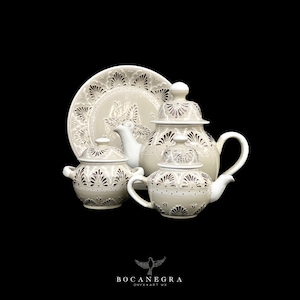 White Talavera Tea Set with Platinum Inlay Set of 4 pieces - Dinner time - Tea Time - Mexican Talavera