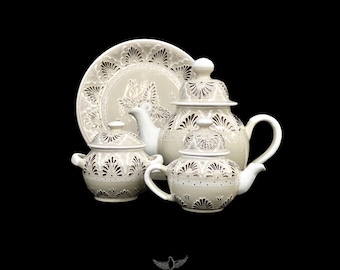 Juego de té de Talavera blanca hecho a mano con incrustaciones de platino - 4 piezas