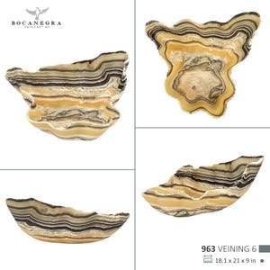 May include: A collection of four images showcasing a decorative onyx bowl. The bowl features a natural, layered pattern of beige, brown, and black. The dimensions are 18.1 x 21 x 9 inches. The product is labeled "963 VEINING 6".