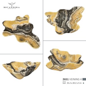 May include: Four views of a decorative onyx bowl with a unique, organic shape. The bowl features a blend of yellow, black, and white veining. The dimensions are 25.2 x 20.2 x 5 inches. The brand logo is visible in the top left corner.