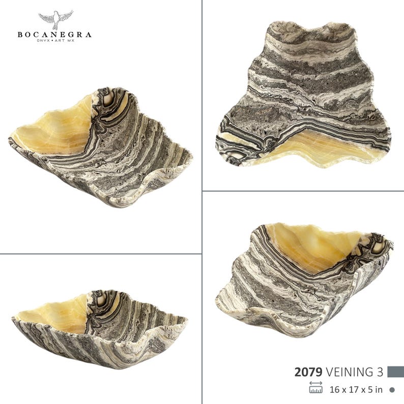 May include: A decorative onyx bowl with a unique, wavy shape. The bowl features a striking combination of colors, including creamy yellow and gray-black veining. The dimensions are 16 x 17 x 5 inches.