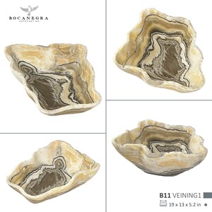 May include: Four views of a decorative onyx bowl with a unique, organic shape. The bowl features a layered design in shades of beige, brown, and gray. The dimensions are 19 x 13 x 5.2 inches. The brand logo "BOCANEGRA ONYX ART MX" is visible.