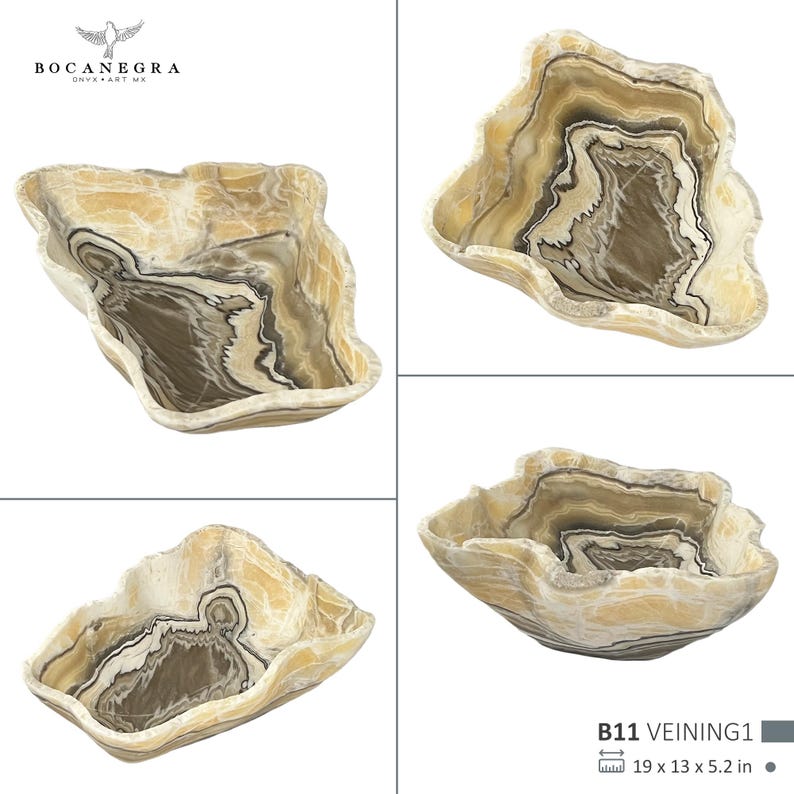 May include: Four views of a decorative onyx bowl with a unique, organic shape. The bowl features a layered design in shades of beige, brown, and gray. The dimensions are 19 x 13 x 5.2 inches. The brand logo "BOCANEGRA ONYX ART MX" is visible.