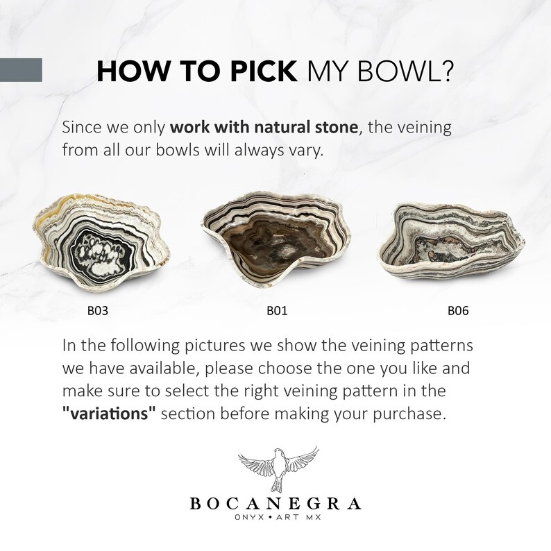 May include: Image shows three natural stone bowls with unique veining patterns. The text "HOW TO PICK MY BOWL?" is at the top. The bowls are labeled B03, B01, and B06. The text below explains the variations.