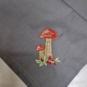 Grey  Kitchen Towel, Mushroom Decor,Fall Autumn Forest Mushroom Embroidery,Mushroom Embroidered Linen Towel