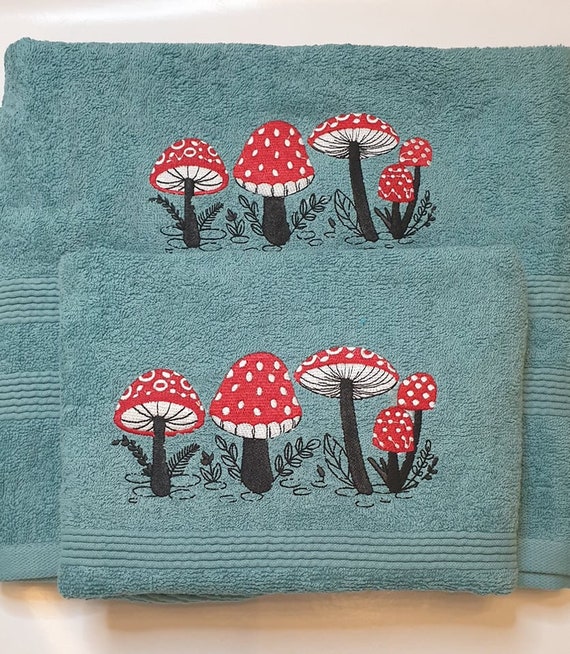 Mushroom kitchen towels. Mushroom towels. Embroidered mushroom towels.  Mushroom bathroom towels.