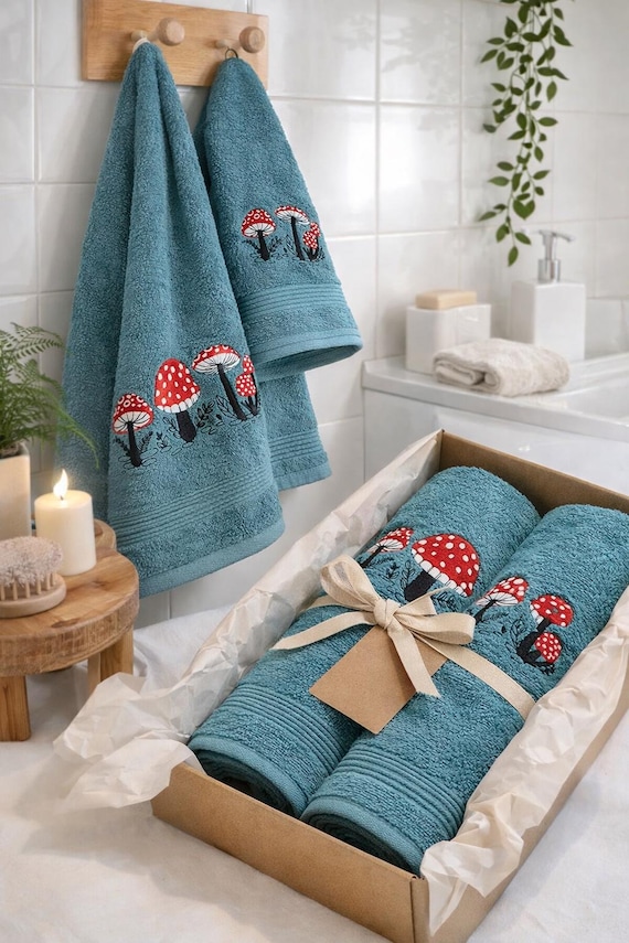 Luxus Geschenk Handtuch Set | Royal ägyptische Baumwolle Handtücher | Stickdatei Pilz | Hand-, Badetuch-Set | Einweihungsparty und Hochzeitsgeschenk